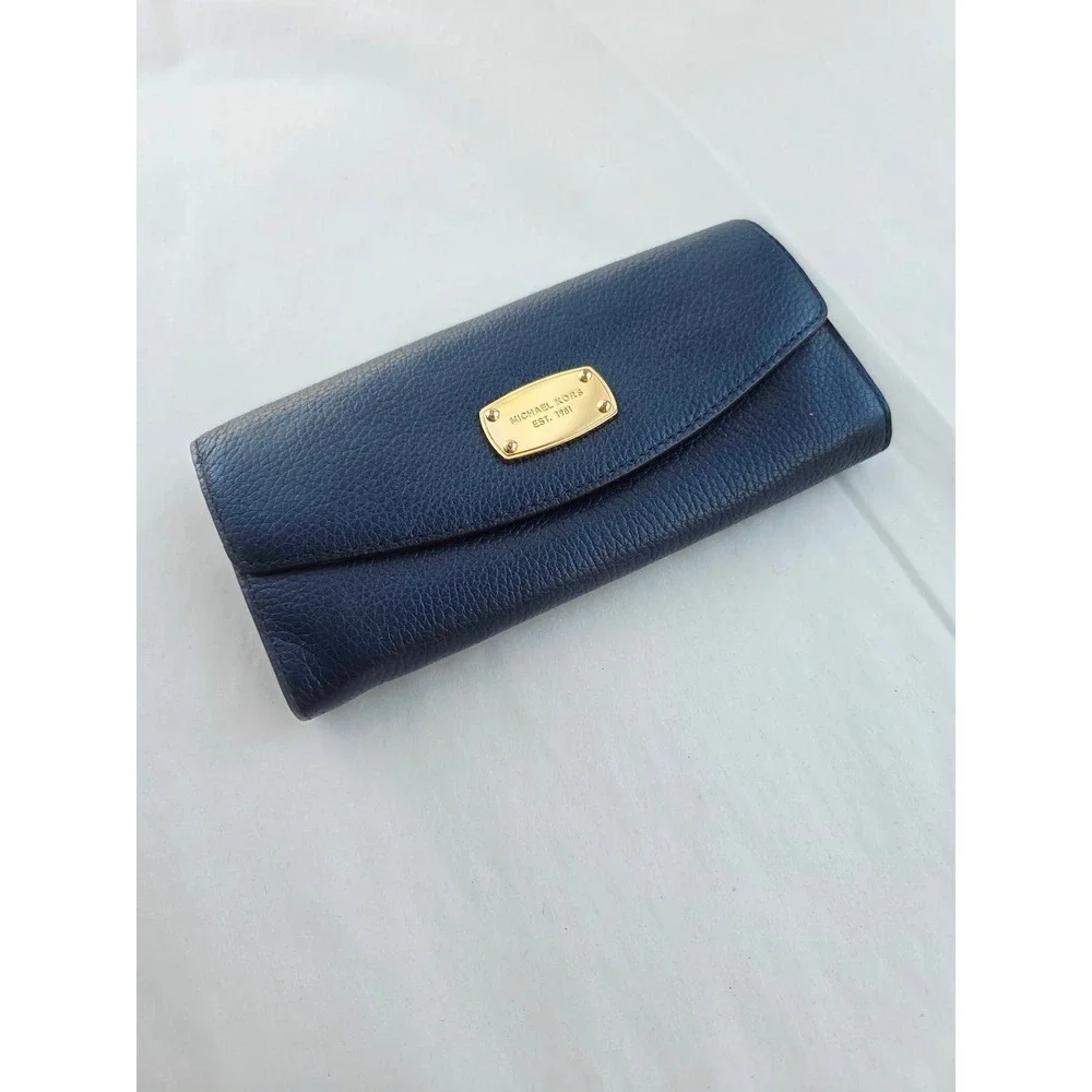 Michael Kors Navy Blue Pebbled Leather Jet Set Wallet 35T3GJSE7L Gold Hardware